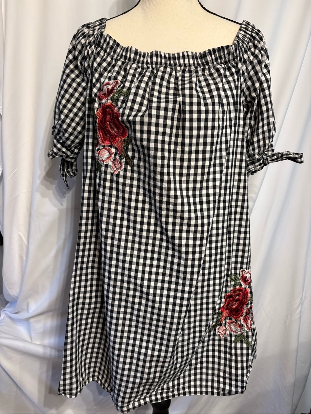 Black & White Gingham Cotton Women’s On or Off-Shoulder Blouse/Midi Dress Size L